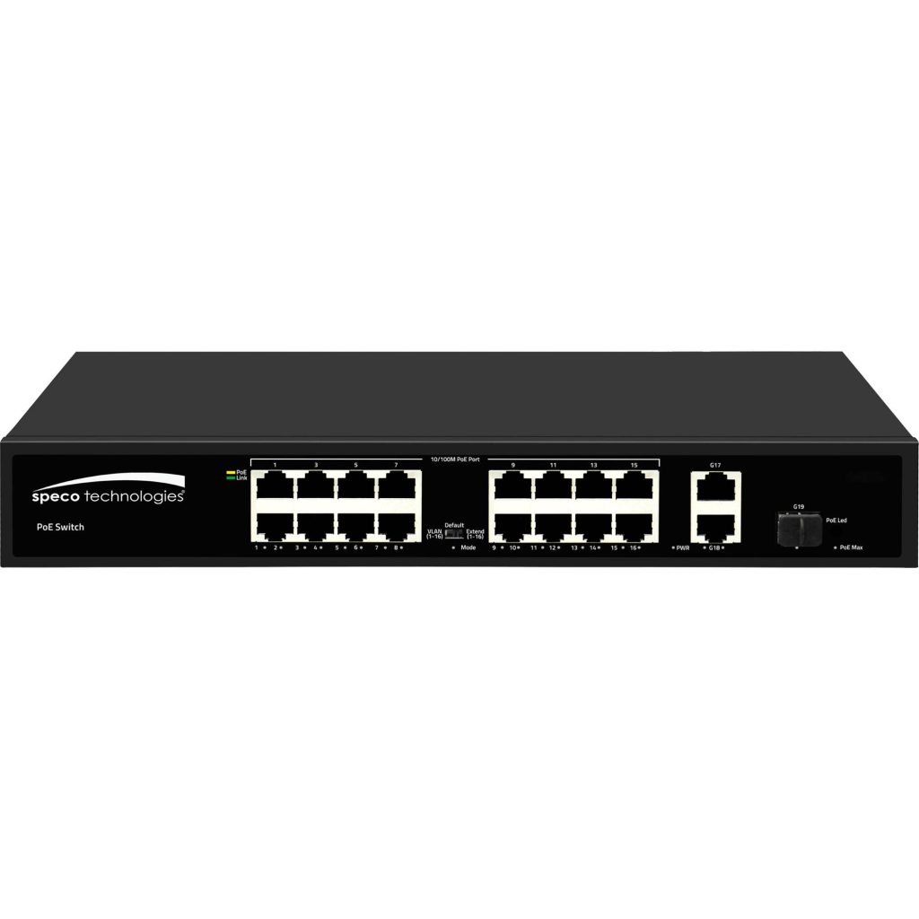 Switch PoE Speco P16S182 16 Puertos Megabit con 2 Puertos Gigabit Uplink